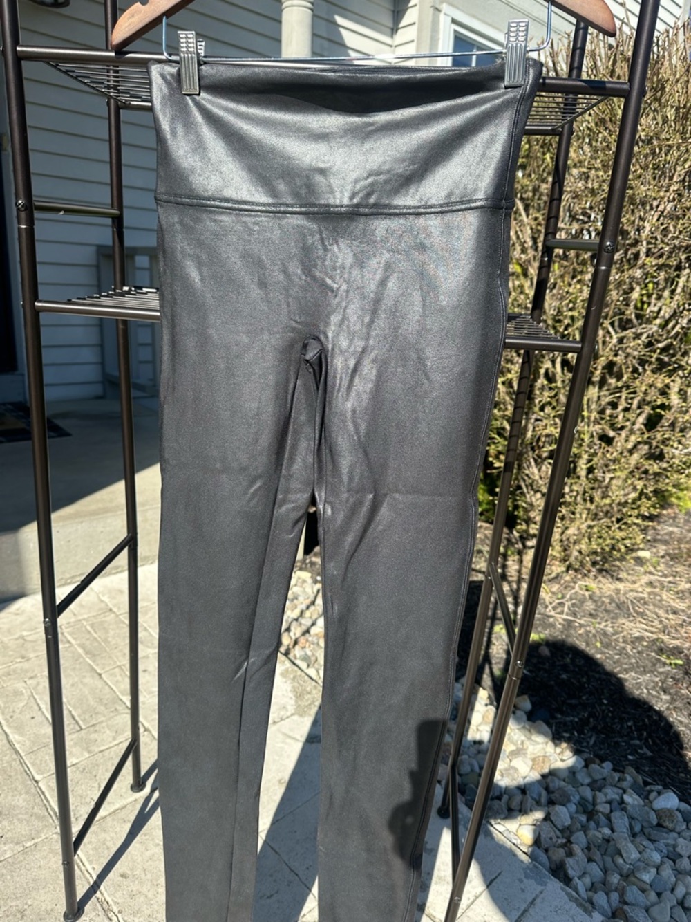 SPANX Black Faux Leather Leggings with Red Brand Tag